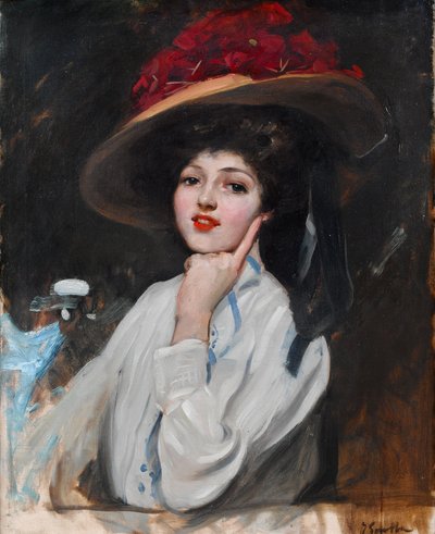 戴着帽子的年轻女孩的肖像，相信雷切尔梅勒 作者 Joaquín Sorolla